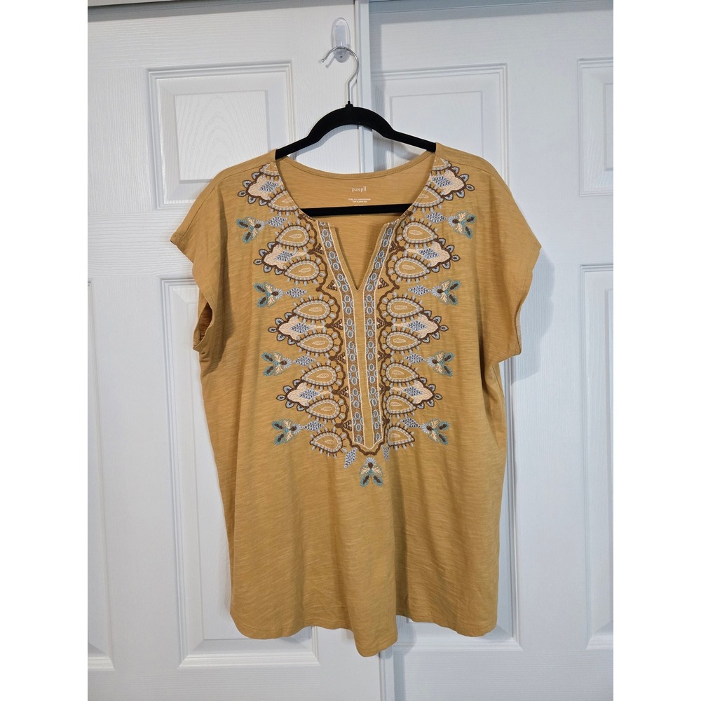 Pure Jill Embroidered Cap Sleeve Slub Cotton Tee Mustard Yellow Boho Top Large
